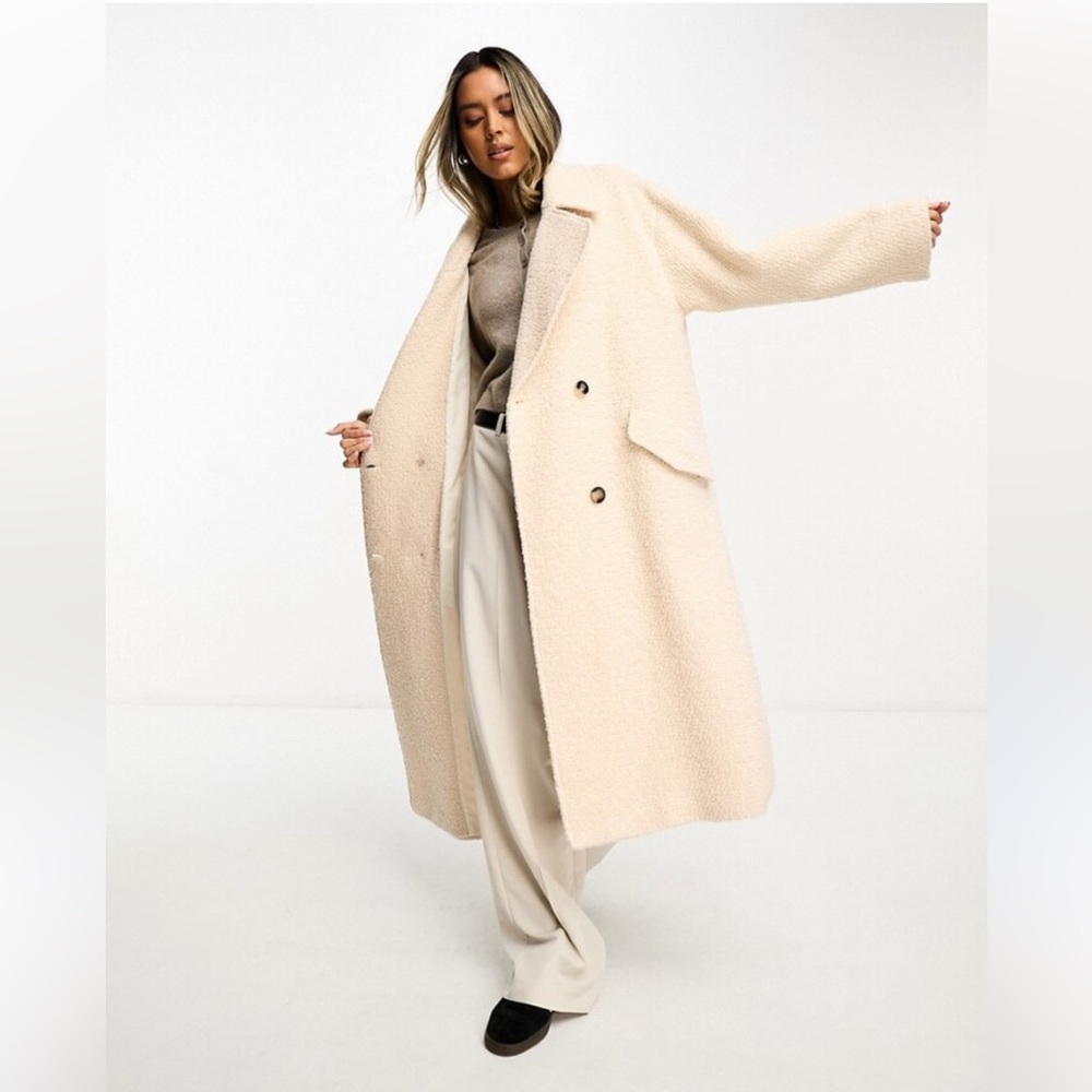ASOS Oversized Cream Double Breasted Boucle Wool Blend Teddy Trench Peacoat